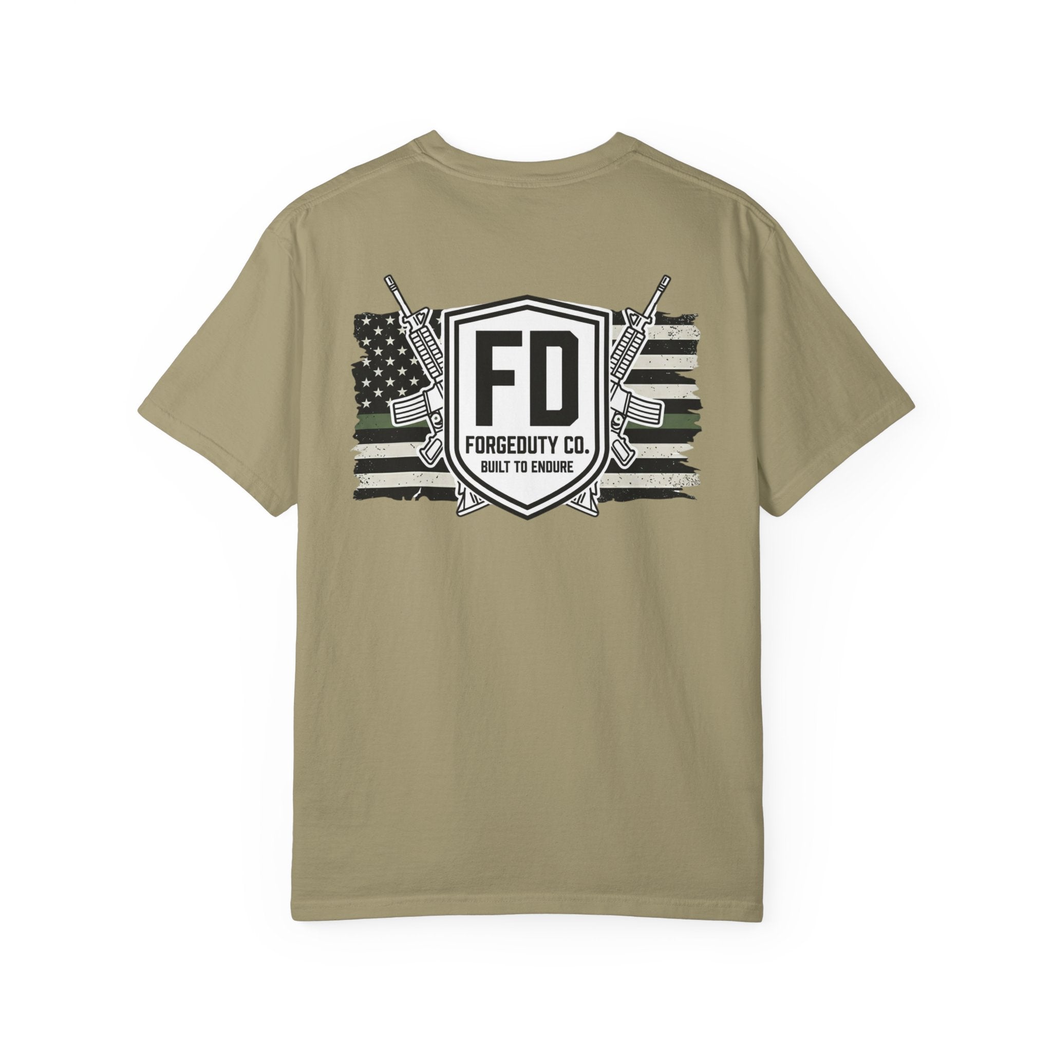 Forged Duty Shield logo T-shirt | American flag, rifles, thin green line