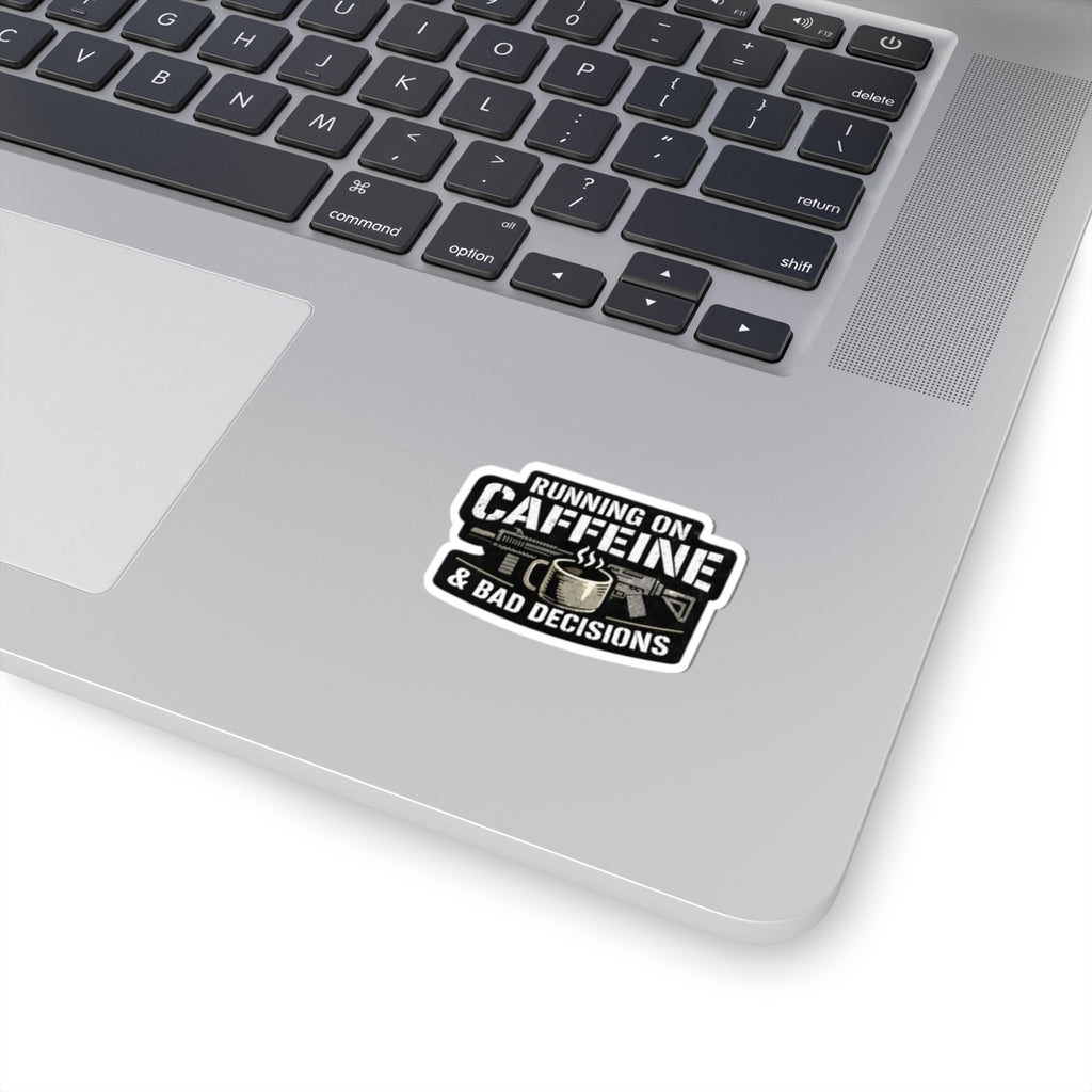 Running on Caffeine & Bad Decisions Sticker — Coffee Humor Kiss-Cut Laptop Decal