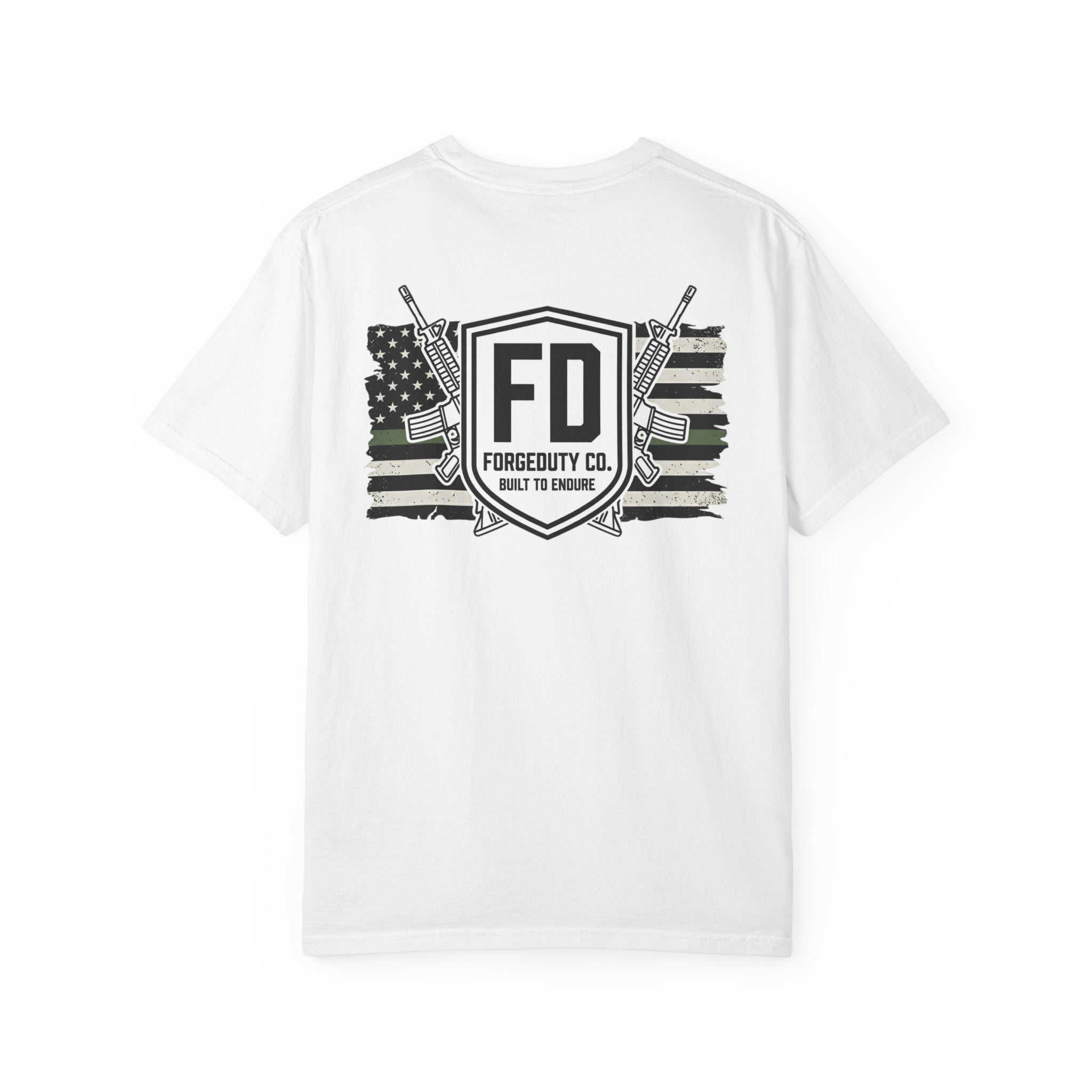 Forged Duty Shield logo T-shirt | American flag, rifles, thin green line