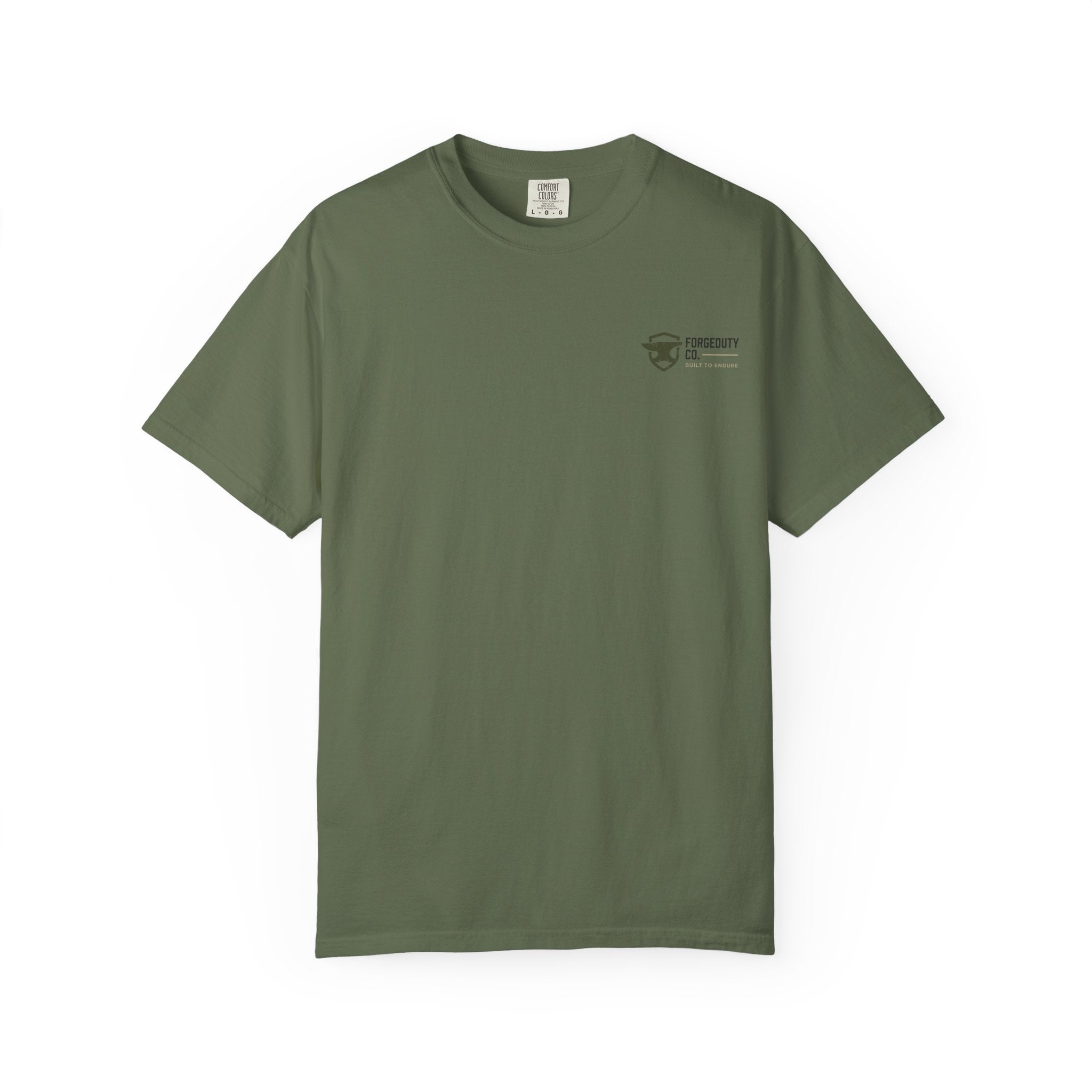 Forged Duty Shield logo T-shirt | American flag, rifles, thin green line