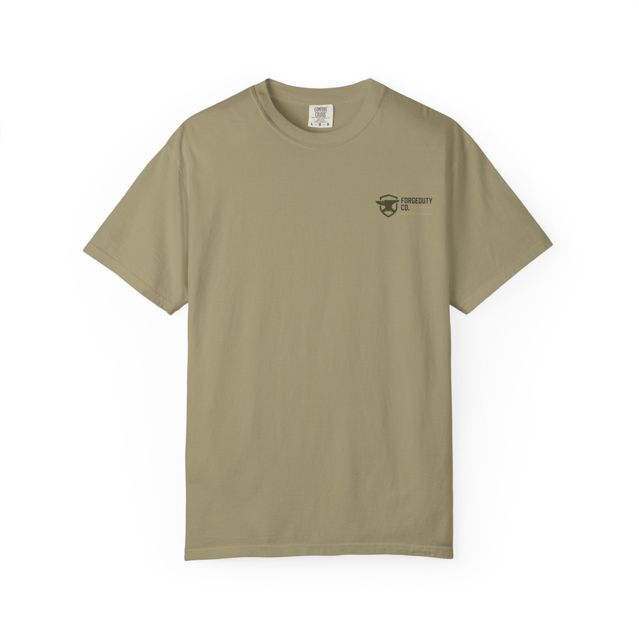 Forged Duty Shield logo T-shirt | American flag, rifles, thin green line