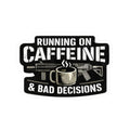 Running on Caffeine & Bad Decisions Sticker — Coffee Humor Kiss-Cut Laptop Decal