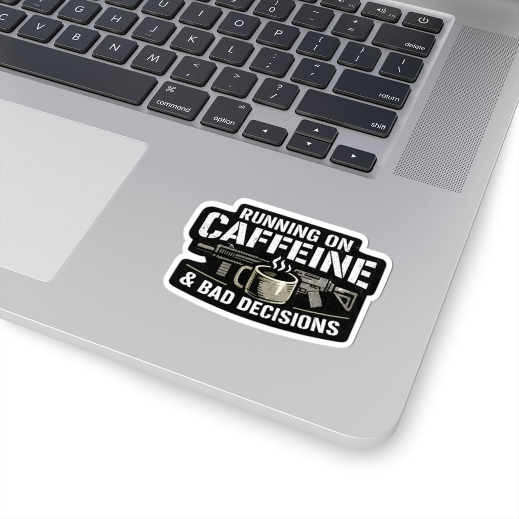 Running on Caffeine & Bad Decisions Sticker — Coffee Humor Kiss-Cut Laptop Decal