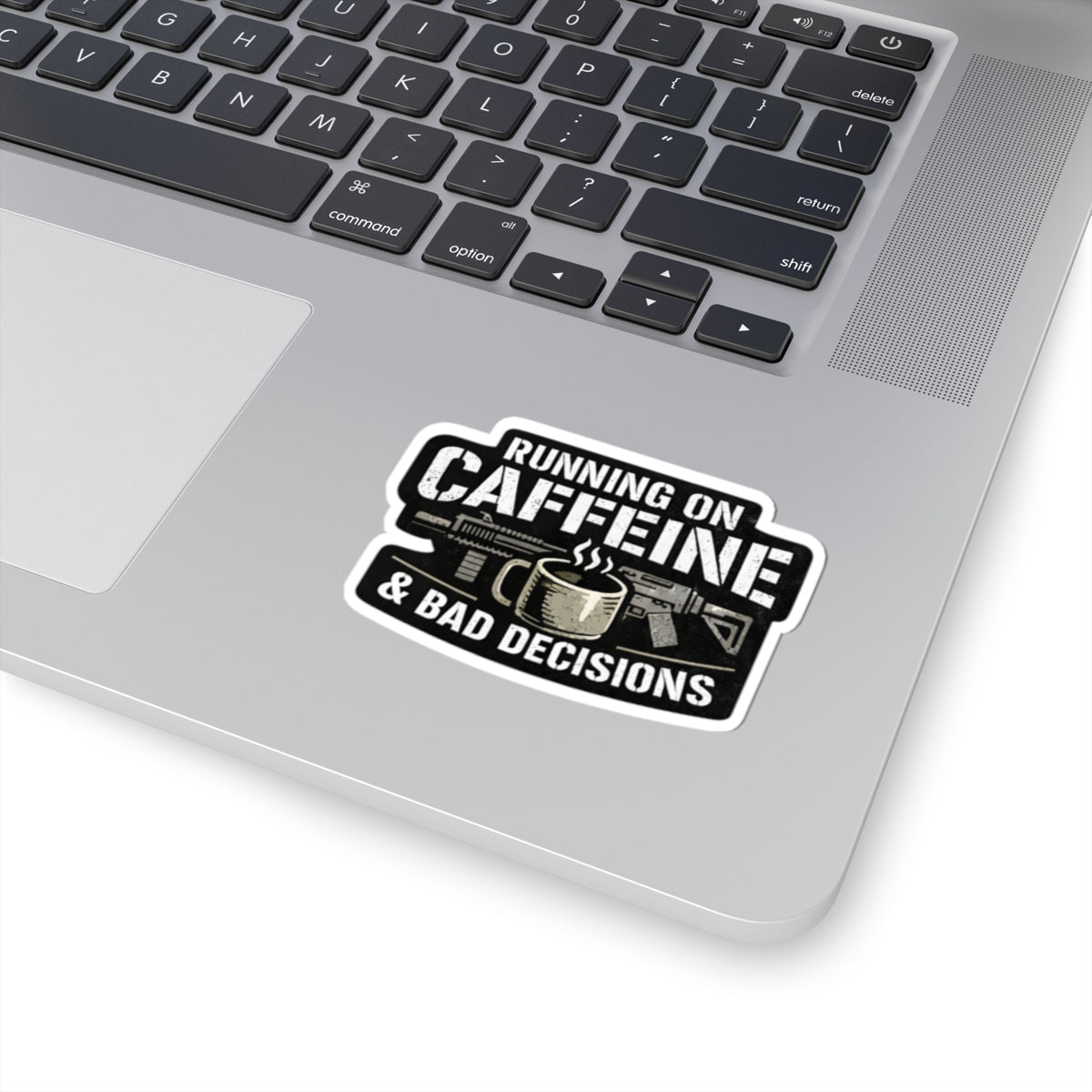 Running on Caffeine & Bad Decisions Sticker — Coffee Humor Kiss-Cut Laptop Decal